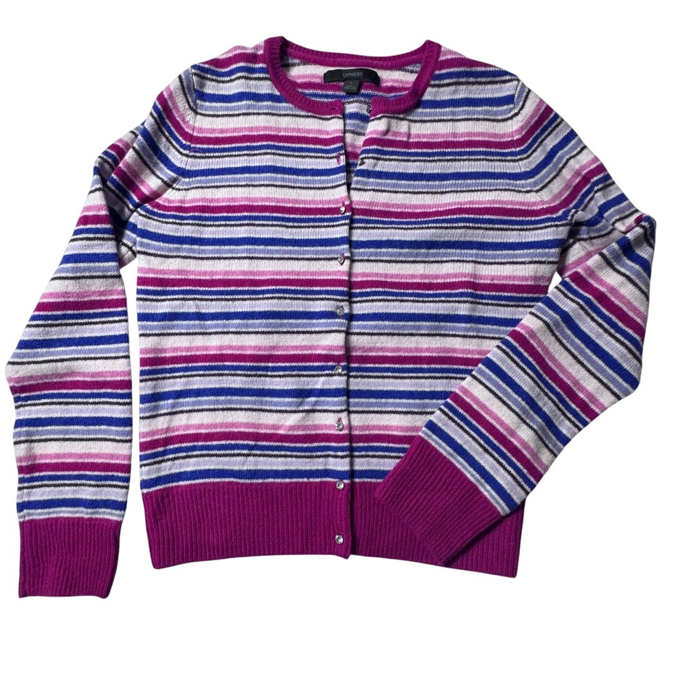Express Cardigan Women Large Purple Striped Lambswool Button Front Preppy